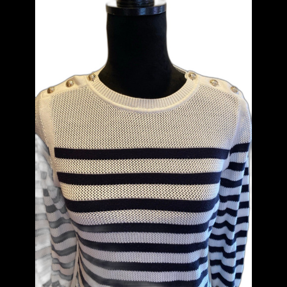 Tommy Hilfiger Sweater Size Medium Crewneck Black & White Striped Lightweight - Picture 1 of 10